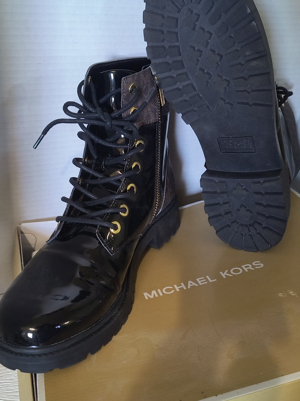 Michael Kors Black Patent Leather Lace-Up Combat Boots with Gold Hardware - Picture 5 of 7
